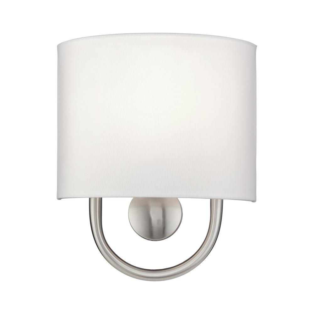 1 Light Brushed Nickel ADA Sconce with Hand Crafted Off-White Fabric Shade