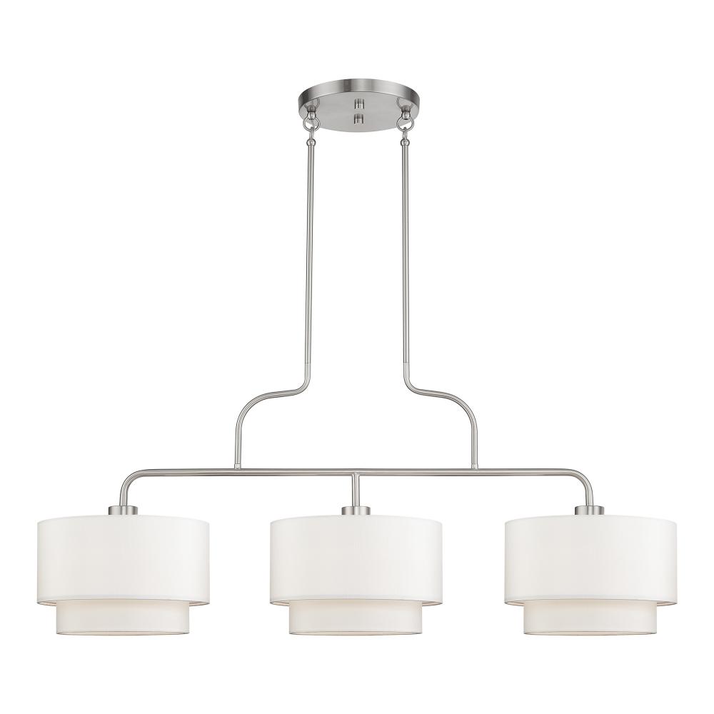 3 LT Brushed Nickel Extra Large Linear Chandelier with Hand Crafted Off-White Fabric Hardback Shades