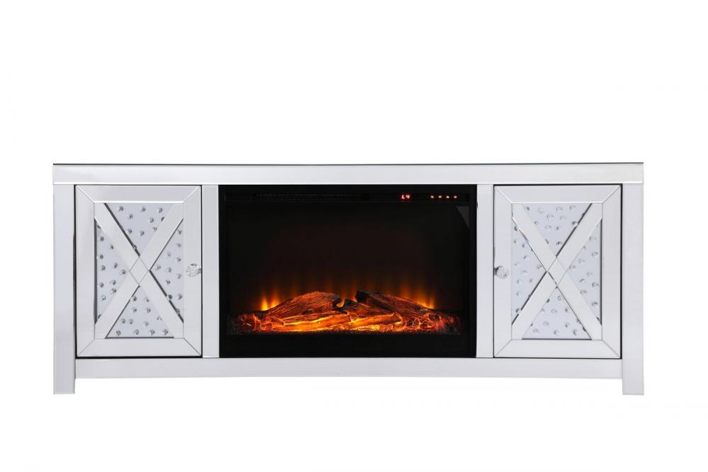 59 in. crystal mirrored TV stand with wood log insert fireplace