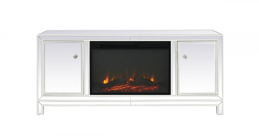 60 in. mirrored TV stand with wood fireplace insert in white